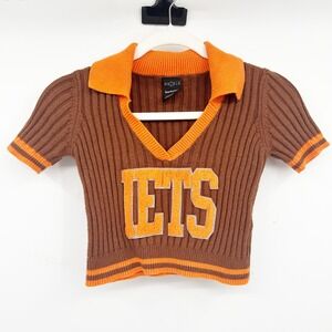 Iets Frans Womens Preppy Ribbed Varsity Collar Short Sleeve Crop Top‎ Size S